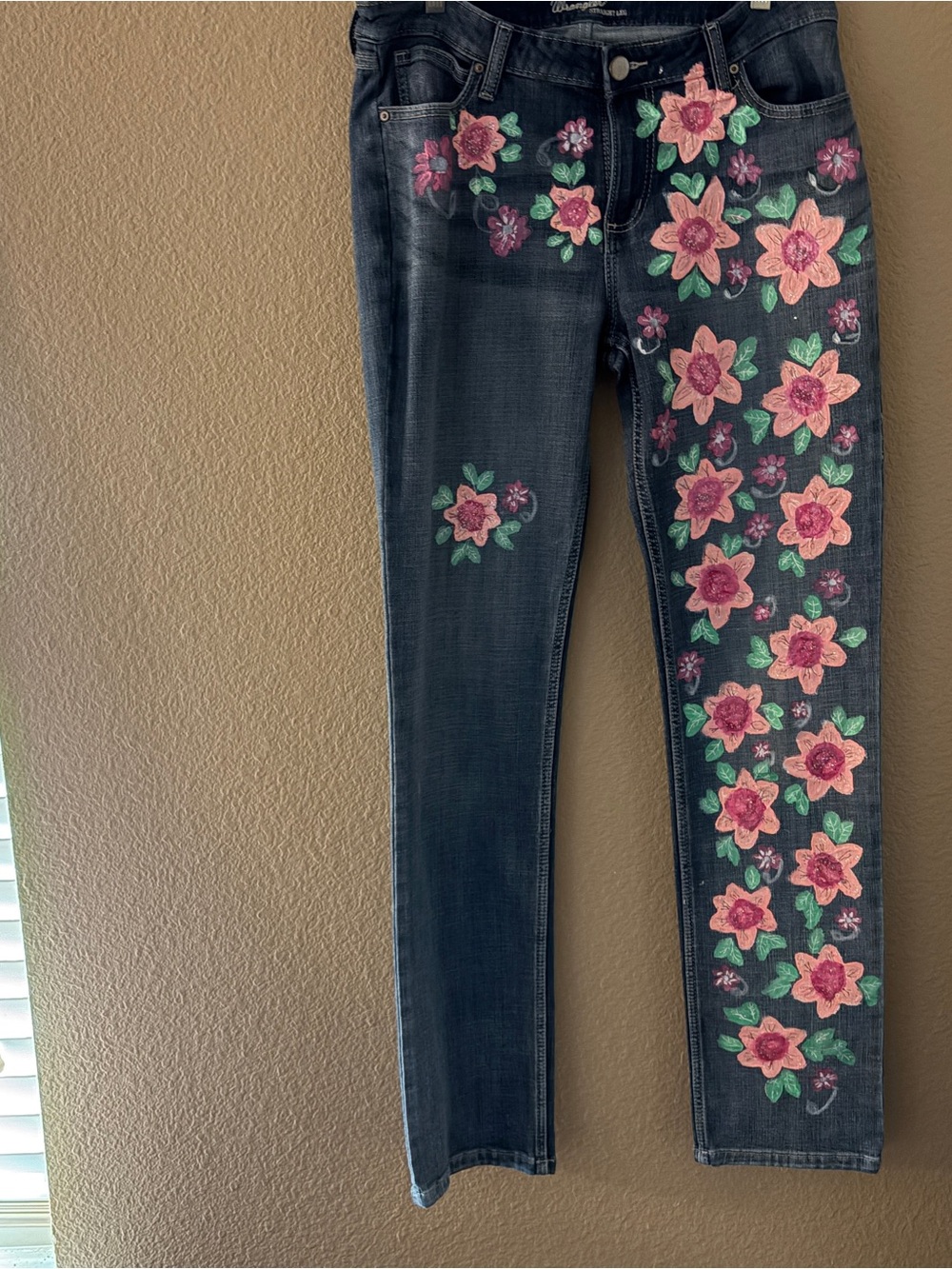 Dark Wash Skinny Jeans with Pink Floral hand painted original design